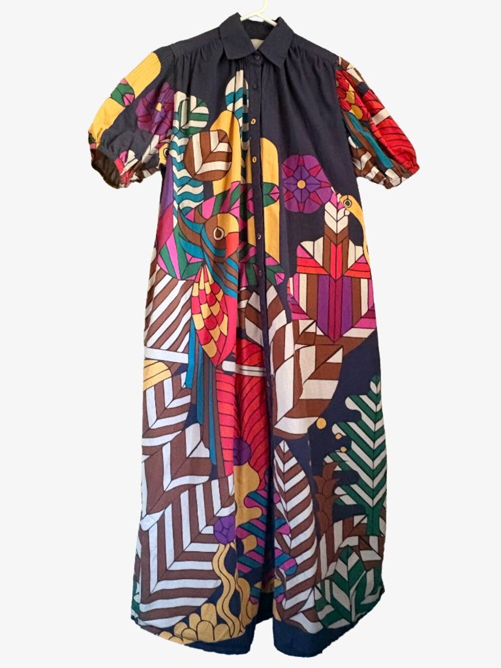 Carolina K Valerie Tropical Motif Pleated Kaftan Midi Shirt Dress - Picture 6 of 13